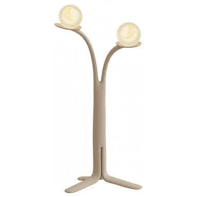 A floor lamp with a unique, organic design. It features a central stem that splits into two curved arms, each supporting a spherical light fixture. The base is composed of two splayed legs, giving the lamp a stable yet whimsical appearance. The light fixtures themselves are translucent globes with internal patterns, emitting a warm, diffused light. — 3D model (AI enhanced source)