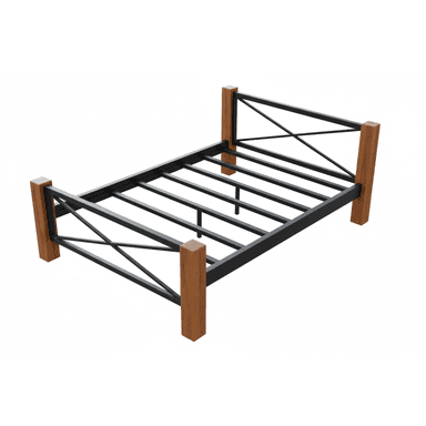 A contemporary bed frame featuring a black metal structure with a slatted base, complemented by natural wood corner posts on both the headboard and footboard. The headboard and footboard also incorporate a distinctive X-brace design in metal. — 3D model (AI enhanced source)