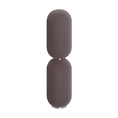 A modern floor lamp featuring a unique stacked capsule design. It consists of two elongated, rounded, cylindrical segments, one positioned directly atop the other. Both segments are covered in a dark mauve, matte, fabric-like material. A slender metallic ring separates the two capsules, and the base is a flat, circular metallic disc. — 3D model (AI enhanced source)