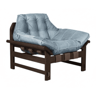 A contemporary lounge chair featuring a dark stained wooden frame, a thick, light blue tufted futon-style cushion, and supporting leather straps. — 3D model (AI enhanced source)