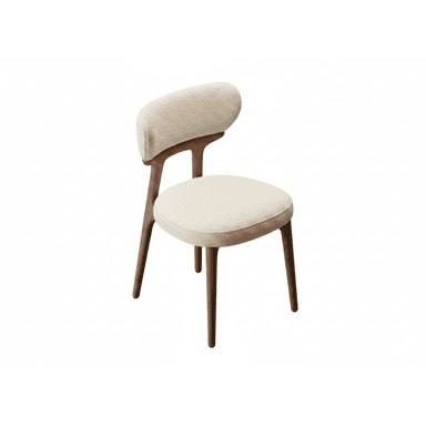 A contemporary dining chair featuring a light-colored, textured boucle fabric upholstery on both the seat and the distinctively curved backrest. The backrest appears to 'float,' supported by a visible wooden frame that extends into four tapered wooden legs. The design emphasizes clean lines and a minimalist yet inviting aesthetic. — 3D model (AI enhanced source)