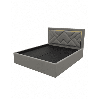 A contemporary platform bed frame featuring full gray fabric upholstery. The prominent headboard showcases a distinctive geometric quilted pattern in the same gray fabric, framed by a lustrous gold-finished metal trim. The low-profile bed base is also upholstered, providing a clean and integrated look, designed to support a mattress directly without the need for a box spring. — 3D model (AI enhanced source)