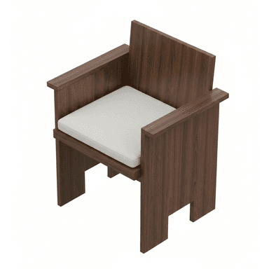 A modern, rectilinear lounge chair constructed from dark brown wood with a visible grain, featuring solid panel construction for the back, arms, and legs. A light-colored, square fabric cushion rests on the seat. — 3D model (AI enhanced source)