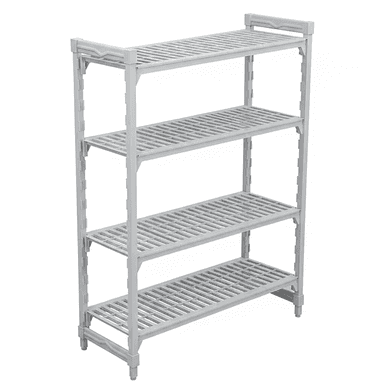 A light grey, four-tier, freestanding utility shelving unit constructed from molded plastic, featuring slatted shelves and vertical posts with adjustable height mechanisms. — 3D model (AI enhanced source)