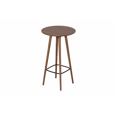 A tall, round bar table featuring a dark walnut-finished tabletop supported by three splayed wooden legs, which are reinforced and connected by a black metal ring footrest. — 3D model (AI enhanced source)