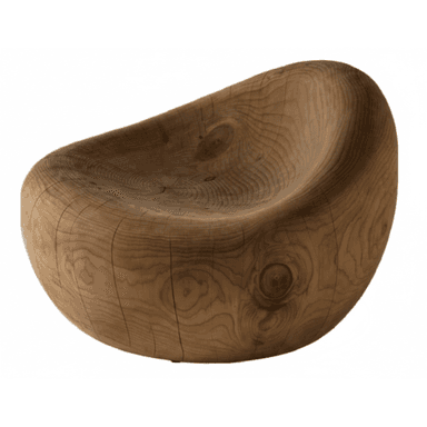 A deeply carved, sculptural lounge chair made from a single, solid piece of light brown wood, featuring prominent natural wood grain and organic imperfections. It has a low-profile, scooped seat and a broad, rounded base. — 3D model (AI enhanced source)