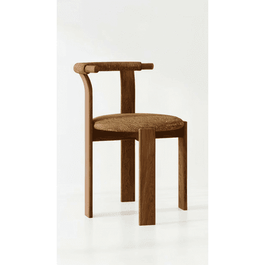 A modern armchair constructed from a solid medium-toned wood frame with a woven rattan seat and a distinctive rounded backrest that integrates into short armrests. The weaving on both the seat and the backrest top features a textured, natural finish. — 3D model (AI enhanced source)