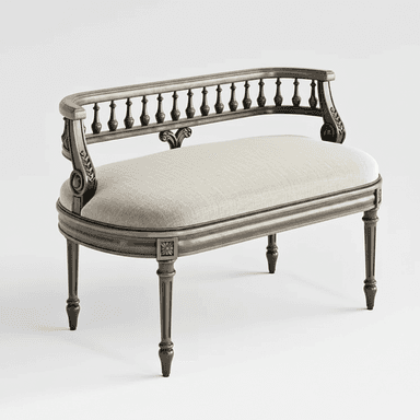 A neoclassical style settee bench featuring a distressed wood frame and a light-colored upholstered seat. The backrest is low and curved, composed of a top rail supported by a series of turned baluster-like spindles. The curved armrests transition smoothly from the back rail, featuring decorative carved scrollwork at their base. The seat is an elongated oval cushion, upholstered in a light beige or off-white fabric. The bench is supported by four fluted, tapered legs, which terminate in small, rounded feet. Each leg features a carved rosette detail at the top where it meets the seat frame. — 3D model (AI enhanced source)