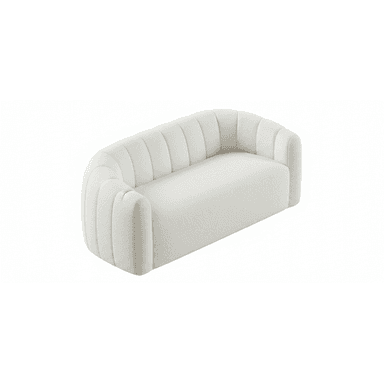 A contemporary, subtly curved sofa upholstered in a cream bouclé fabric, featuring vertical channel tufting along its backrest and integrated arms. Its design is armless with a continuous, low-profile back and arm structure, presenting a sleek and modern aesthetic. — 3D model (AI enhanced source)