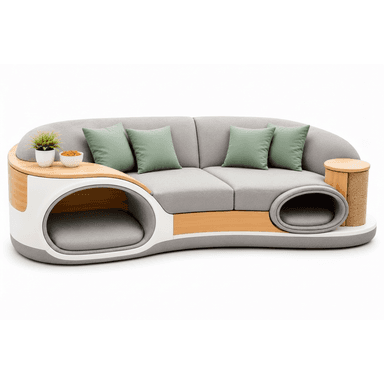 A modern, curved two-seater sofa featuring a gray upholstered fabric and light wood accents. It integrates two distinct pet sleeping areas with cushioned bases, one open cave-like space, and another enclosed with a scratching post wrapped in rope. A small wooden tabletop surface is integrated on the left side, serving as an end table. The sofa is supported by a sleek white and gray composite base, and accessorized with four light green throw pillows. — 3D model (AI enhanced source)