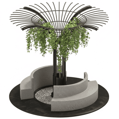 A modern, semi-circular outdoor bench designed to encircle a central planter feature. The bench is constructed from a speckled, light gray material, possibly concrete or a composite, with a matte finish. It forms a segmented, curved seating area. The central feature includes a dark metallic frame supporting a planter with cascading greenery, suggestive of a modern garden or public space design. — 3D model (AI enhanced source)