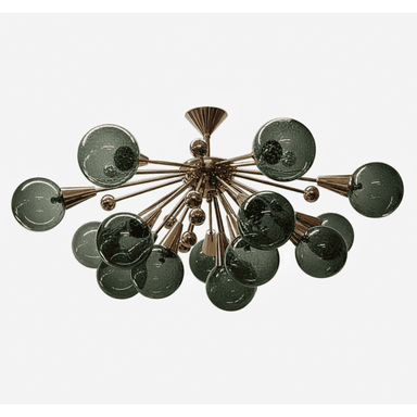 A striking modern Sputnik chandelier featuring a central brass hub with multiple radial arms, each terminating in a textured dark green glass sphere. The design creates an explosive, starburst-like silhouette. — 3D model (AI enhanced source)