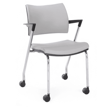 A modern office chair with a light grey upholstered seat and backrest, supported by a chrome-plated metal frame. It features armrests with black plastic accents and four black caster wheels for mobility. The design is minimalist and functional, suitable for contemporary office environments. — 3D model (AI enhanced source)