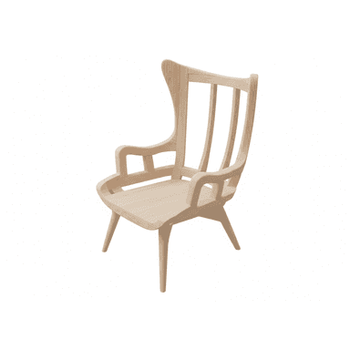 A light-toned wooden armchair featuring a high, slightly curved backrest with vertical slats and integrated armrests. The seat is sculpted, and the chair stands on four splayed, tapered legs. The design emphasizes organic forms and clean lines, typical of Scandinavian or organic modern aesthetics. The wood appears to be natural, unpainted, highlighting its grain. — 3D model (AI enhanced source)