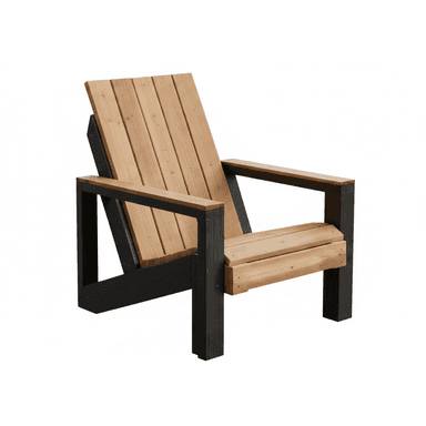 A modern outdoor armchair featuring a two-tone wood construction. The frame is a dark, possibly black, stained wood with an angular, blocky design, while the backrest and seat are composed of lighter, natural-toned wood slats. The chair includes broad, flat armrests, with the top surface of the armrests matching the lighter wood of the slats. The overall design is robust and suitable for outdoor environments. — 3D model (AI enhanced source)