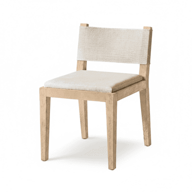 A contemporary dining chair featuring a light-colored wooden frame and upholstered seat and backrest. The frame consists of straight, slightly tapered square legs and a minimalist structure. The seat is a rectangular upholstered cushion, and the backrest is formed by a wide, taut fabric strap attached to the uprights of the frame. The fabric appears to be a textured, light beige or cream color, complementing the natural tone of the wood. — 3D model (AI enhanced source)