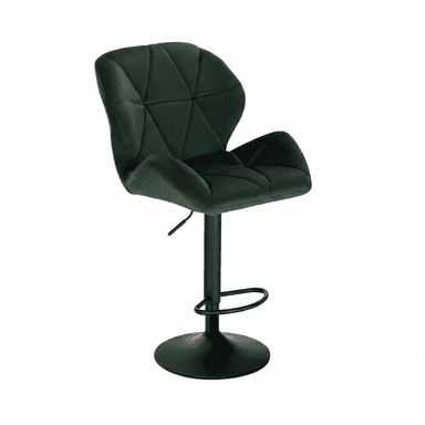 A dark green velvet upholstered bar stool featuring a geometrically quilted seat and back, mounted on a black height-adjustable pedestal base with a circular footrest. — 3D model (AI enhanced source)