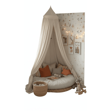 A children's reading nook featuring a cream-colored fabric canopy suspended from above, enclosing a large, round, light grey floor cushion. The cushion rests on a woven natural fiber mat, providing a soft and cozy seating or lounging area. Several accent pillows in cream and burnt orange shades are arranged on the cushion, along with a book. The nook is placed against a wall with whimsical wallpaper and string lights, enhancing its inviting atmosphere. A woven basket sits to the side, and a toy is visible nearby. — 3D model (AI enhanced source)