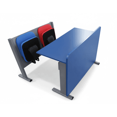 A modern modular desk with an integrated storage unit designed to hold stackable chairs. The desk features a vibrant blue laminated top and side panel, supported by a grey metal frame. The attached storage unit is also made of grey metal and holds four chairs with black bases and colorful (blue and red) seat and back pads. — 3D model (AI enhanced source)