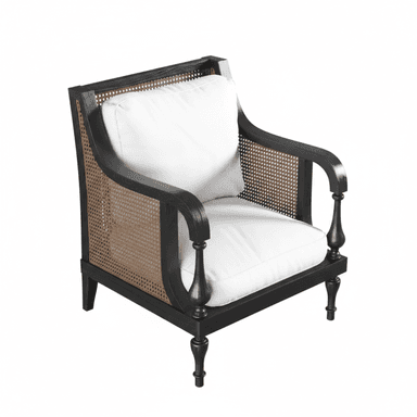 A dark-stained wooden armchair featuring cane webbing on the back and sides, equipped with plush white seat and back cushions. The chair has curved armrests and decorative turned front legs. — 3D model (AI enhanced source)
