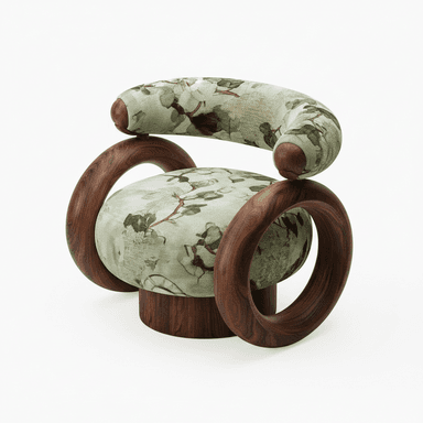 An avant-garde lounge chair featuring a distinctive sculptural design. It consists of a rounded, upholstered seat and a crescent-shaped backrest, both covered in a light green fabric with a dark floral pattern. The chair is supported by a solid cylindrical wooden base and two large, prominent circular armrests crafted from dark, rich wood, giving it a unique and bold aesthetic. — 3D model (AI enhanced source)