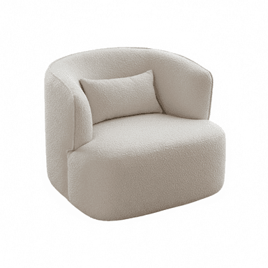 A contemporary, fully upholstered barrel-style lounge chair in a cream-colored boucle fabric. The chair features a rounded, continuous backrest that flows into integrated armrests, creating a cohesive and inviting silhouette. It has a deep, wide seat designed for comfort and is accompanied by a small, matching rectangular accent pillow. The chair sits low to the ground with a robust, unexposed base, maintaining its sleek and modern aesthetic. The boucle fabric provides a textured, soft appearance. — 3D model (AI enhanced source)