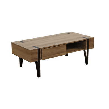 A modern rectangular coffee table featuring a light wood grain finish, a single pull-out drawer, an open storage cubby, and supported by four black tapered legs. Black metal strap accents are visible on the top surface. — 3D model (AI enhanced source)