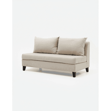 An armless loveseat section, upholstered in a light beige or greige fabric, featuring a clean, contemporary design. It includes a single fixed seat cushion and two loose rectangular back cushions. The piece is supported by four dark, subtly tapered wooden legs. — 3D model (AI enhanced source)