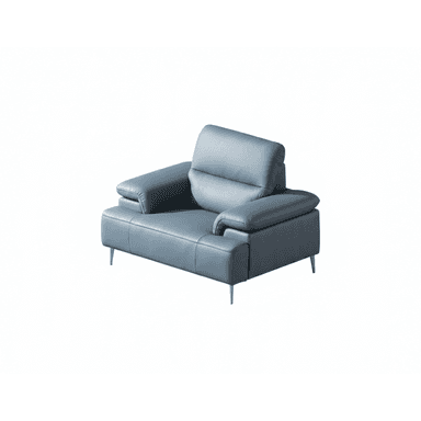 A modern single-seater armchair upholstered in a soft blue-grey leather, featuring generously padded cushions, subtly rolled arms, and slender metal legs with a polished finish. — 3D model (AI enhanced source)