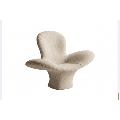 A contemporary armchair with an organic, sculptural form. The chair features a rounded, shell-like backrest that curves into wide armrests. The base is a solid, rounded pedestal that flares outwards at the bottom. The upholstery appears to be a textured fabric. — 3D model (AI enhanced source)