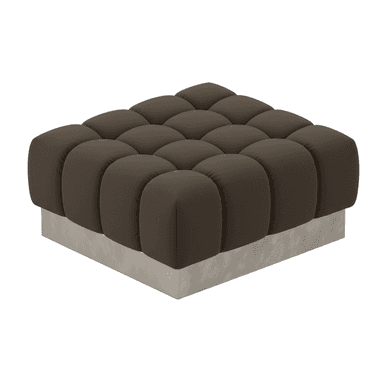 A dark brown, square, upholstered ottoman featuring a distinctive modular bubble tufting pattern on its top and sides, resting on a flat, low-profile light grey plinth base. — 3D model (AI enhanced source)