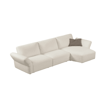 An L-shaped sectional sofa upholstered in a textured bouclé fabric, featuring a long, integrated chaise lounge section. The sofa has a contemporary design with soft, rounded edges, wide armrests, and plush, inviting cushions. Its off-white color and low profile suggest a modern and comfortable aesthetic. — 3D model (AI enhanced source)