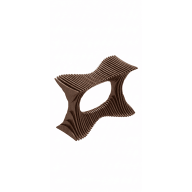 A modern sculptural bench constructed from numerous horizontal wooden slats, forming an undulating, hourglass-shaped profile with an open central void. — 3D model (AI enhanced source)