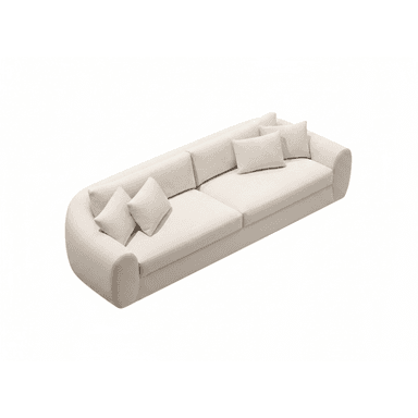 A long, contemporary upholstered sofa featuring a light cream fabric, soft rounded armrests, and a low-profile back, complete with multiple seat, back, and throw cushions. — 3D model (AI enhanced source)