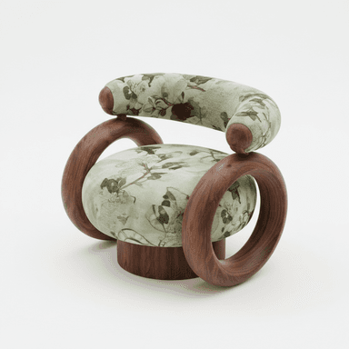 A highly stylized accent chair featuring a circular upholstered seat and a curved, rounded upholstered backrest, supported by large, circular wooden elements and a drum-shaped base. — 3D model (AI enhanced source)