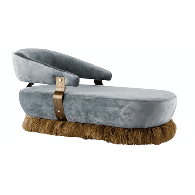 A modern chaise lounge with a curved backrest and an extended seat. The base is embellished with a thick fringe, and the body is accented with a brass-colored strap secured by rivets. The upholstery appears to be a soft, textured fabric. — 3D model (AI enhanced source)