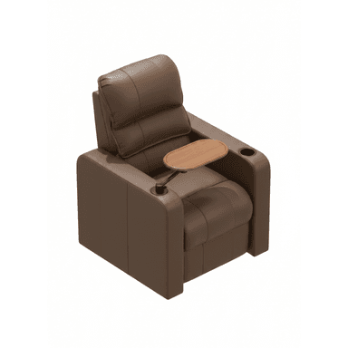 A contemporary brown upholstered chair, likely a recliner, featuring a plush backrest, seat, and armrests. It includes an integrated cup holder and a detachable or swiveling wooden side table. — 3D model (AI enhanced source)