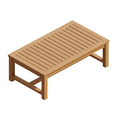 A low-profile rectangular table constructed from light-colored wood, featuring a slatted tabletop. The legs are robust, connected by horizontal stretchers, and the overall design suggests outdoor use due to its construction. — 3D model (AI enhanced source)