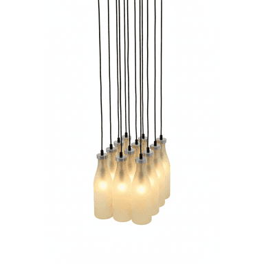 A multi-light cluster pendant chandelier featuring several frosted glass shades, each designed to resemble a classic milk bottle. The bottles are suspended by individual black electrical cords from a ceiling mount (not visible). Each bottle has a silver-tone metallic cap where it connects to the cord, housing the light source. The frosted glass diffuses the light, creating a soft, warm glow. — 3D model (AI enhanced source)