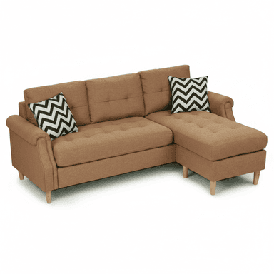 A contemporary L-shaped sectional sofa with a chaise lounge, upholstered in a camel-colored woven fabric. It features classic rolled armrests, button-tufted seat and back cushions, and is supported by light-finished tapered wooden legs. Two decorative throw pillows with a black and white chevron pattern are included. — 3D model (AI enhanced source)