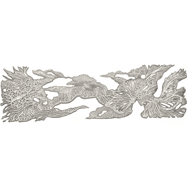 A horizontal, elongated piece of wall art featuring an intricate, organic, and abstract design crafted from metal. The design incorporates various textures and patterns, resembling natural forms such as coral, foliage, or cellular structures. The metallic surface has a matte or brushed silver-tone finish. — 3D model (AI enhanced source)