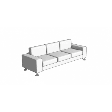 A digital rendering of a modern three-seater sofa with a minimalist design, featuring white upholstery, clean lines, block arms, and cylindrical metal legs. — 3D model (AI enhanced source)