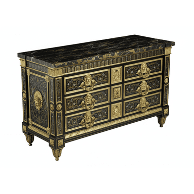 An opulent French Empire style commode, featuring a rectangular black marble top over an ebonized wooden frame. The piece is richly decorated with gilded bronze mounts and intricate marquetry patterns. It presents a symmetrical design with multiple drawers adorned with lion head pull handles and classical motifs. — 3D model (AI enhanced source)