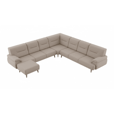 A large, U-shaped sectional sofa in a light beige fabric, featuring modular components, subtly tufted backrests, and splayed wooden legs. It is accompanied by a matching detached ottoman. — 3D model (AI enhanced source)
