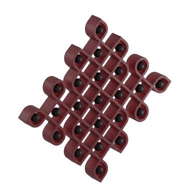 A dark reddish-brown, modular sculptural unit composed of interlocking, curvilinear elements that form a grid of compartments. Each compartment is designed to cradle a single item, exemplified by the black spherical objects. The material appears to have a textured finish, and the overall design creates a repetitive, decorative pattern. — 3D model (AI enhanced source)