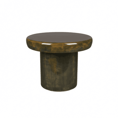 A cylindrical end table with a rounded top and a thick pedestal base. The surface of the table has a glossy, dark finish, while the base appears to be made of wood with a stained or aged finish. — 3D model (AI enhanced source)
