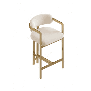 A modern bar stool featuring a sleek gold-finished metal frame and cream-colored upholstered seating. The stool has a rectangular, sturdy frame with integrated armrests and a curved backrest, providing both support and a contemporary aesthetic. — 3D model (AI enhanced source)