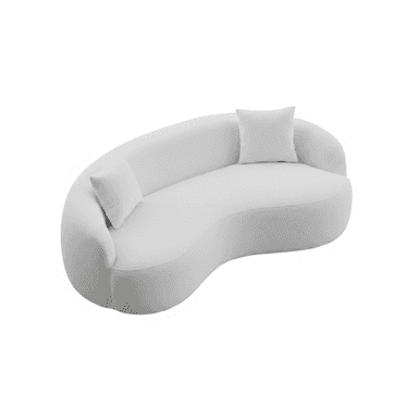 A contemporary, organically shaped sofa upholstered in a light-colored, textured fabric. It features a continuous, wavy backrest and seat, creating a fluid silhouette. Two small square throw pillows are included, matching the upholstery. — 3D model (AI enhanced source)