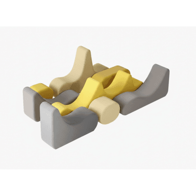 A modular soft play set composed of multiple distinct, upholstered foam pieces in yellow, beige, and gray, designed to be arranged into various seating or play configurations. — 3D model (AI enhanced source)