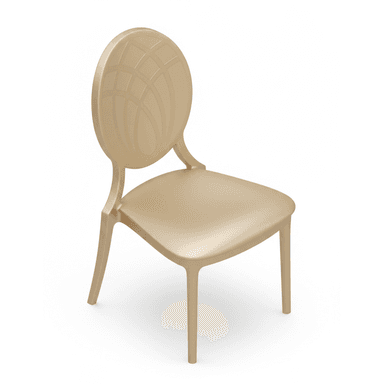 A contemporary gold-colored chair crafted from molded plastic, featuring a circular backrest with an embossed grid pattern and a seamless, four-legged design. — 3D model (AI enhanced source)